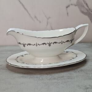 Vintage Royal Worcester SILVER CHANTILLY Gravy Boat With Attached Tray England
